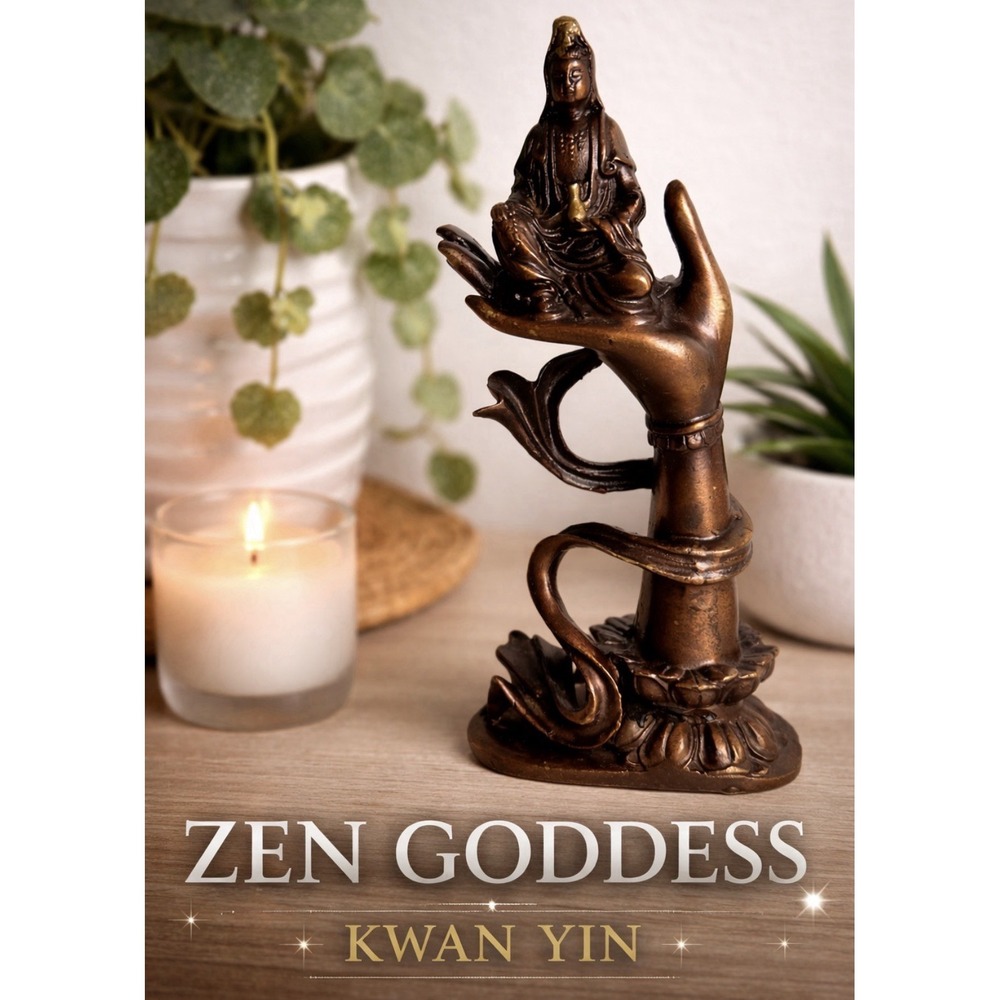 Vintage Bronze Kwan Yin Goddess Statue Hand Lotus Serpent Base Buddhist Decor